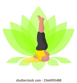 Vector illustration of a headstand girl who practices yoga with overweight on the background of the lotus in a flat style. Happy body positive concept. - Shutterstock ID 1566905488