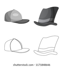 Vector illustration of headwear and cap icon. Set of headwear and accessory stock symbol for web.