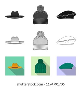Vector illustration of headwear and cap icon. Collection of headwear and accessory vector icon for stock.
