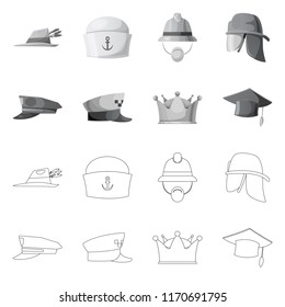 Vector illustration of headwear and cap logo. Set of headwear and accessory stock symbol for web.