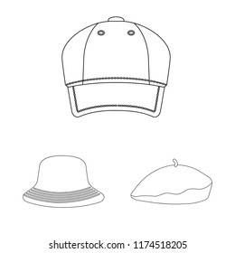 Vector illustration of headwear and cap logo. Collection of headwear and accessory stock symbol for web.