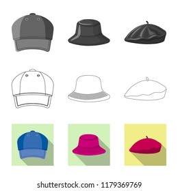 Vector illustration of headwear and cap logo. Collection of headwear and accessory stock symbol for web.