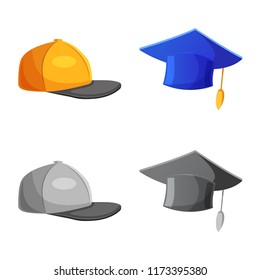 Vector illustration of headwear and cap sign. Collection of headwear and accessory vector icon for stock.