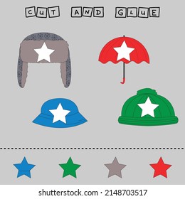 Vector illustration of headwear with shadows. paper game for the development of preschoolers. Cut out parts of the image and glue the hat, panama, earflaps. Fun game for kids and kids