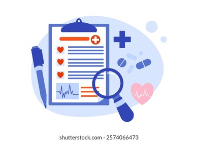 Vector illustration of a health check-up report with a medical symbol, medication, magnifying glass, and pen, symbolizing health evaluation and medical assessments.