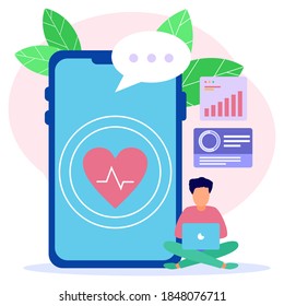 Vector illustration of a health concept. Male character with a laptop. Digital wellness theme. Can be used for web banners, infographics, hero images.