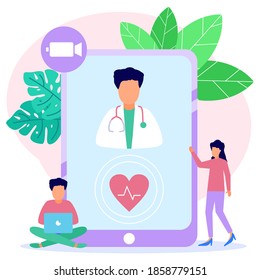 Vector illustration of a health concept. The male character with a laptop consults a doctor online. Digital wellness theme. Can be used for web banners, infographics, hero images.