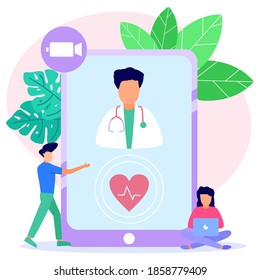 Vector illustration of a health concept. The male character with a laptop consults a doctor online. Digital wellness theme. Can be used for web banners, infographics, hero images.