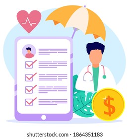 Vector illustration of health insurance concept, doctors filling out medical insurance forms, health insurance for patients. Suitable for web landing pages, ui, mobile apps, banner templates.