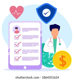 Vector illustration of health insurance concept, doctors filling out medical insurance forms, health insurance for patients. Suitable for web landing pages, ui, mobile apps, banner templates.