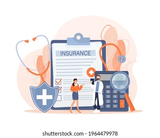 Vector illustration with health insurance concept. Big clipboard with doctor and woman. Healthcare, finance and medical service. Vector illustration in flat style.