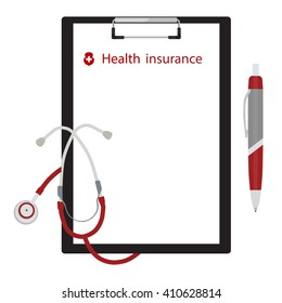 Vector illustration health, medical insurance concept design. Clipboard with document, ball pen and stethoscope.