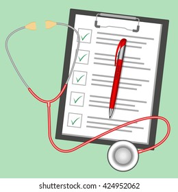 Vector illustration health, medical insurance concept design. Clipboard with document, ball pen and stethoscope.