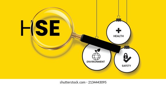 Vector illustration of Health Safety Environment HSE acronym banner with icons and keywords with magnifying glass on yellow background. 