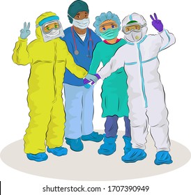 Vector Illustration Of Health Staff With Personal Protective Equipment (PPE),standing Strong Against Coronavirus, Happy To Feel Strong In The Fight With The Coronavirus During COVID-19 Pandemic Out