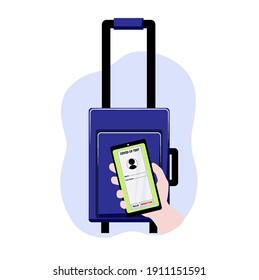 Vector illustration of health vaccination app - document with immunity and covid test personal information in mobile application, negative test result, concept image with mobile phone and suitcase
