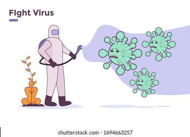 vector illustration of a health worker spraying disinfectant to fight coronavirus. Can be used for banner poster, website or blog. 