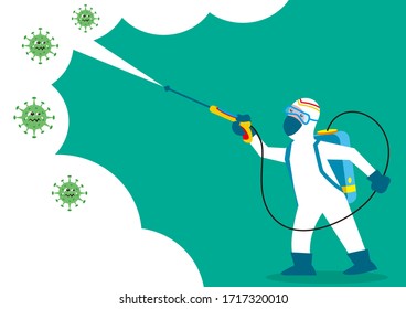 vector illustration of a health worker spraying disinfectant to fight coronavirus. Can be used for banner poster, website or blog.