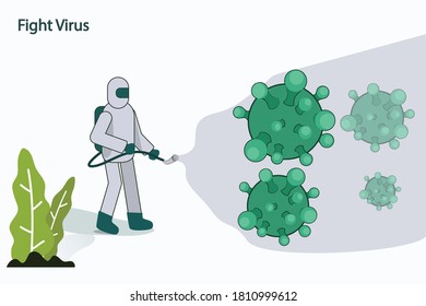 vector illustration of a health worker spraying disinfectant to fight coronavirus. Can be used for banner poster, website or blog.