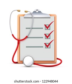 Vector illustration of healthcare concept with cool check list on clipboard and red stethoscope