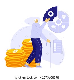 Vector illustration of healthcare financial planning. Oldman character wearing glasses.