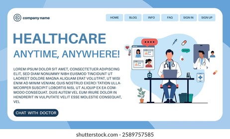 vector illustration of a healthcare landing page design. Features online medical consultation, telemedicine, video calls with doctors, and digital healthcare services. Perfect for websites and apps