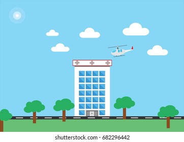 A Vector Illustration Of Healthcare Medical Hospital Building With Helicopter On Top Of The Building With Small Trees And Cloud 
