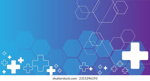 Vector illustration of healthcare and technology concept with flat icons and symbols. Template design for health care business, innovation medicine, pharmaceutical industry, science, medical research.