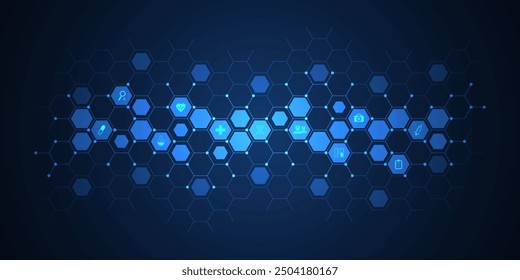 Vector illustration of healthcare and technology concept with flat icons and symbols. Template design for health care business, innovation medicine, pharmaceutical industry, science, medical research.