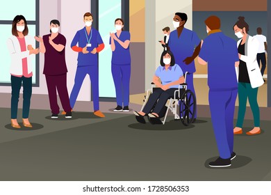 A vector illustration of Healthcare Workers Applauding Recovered Patient in Hospital 