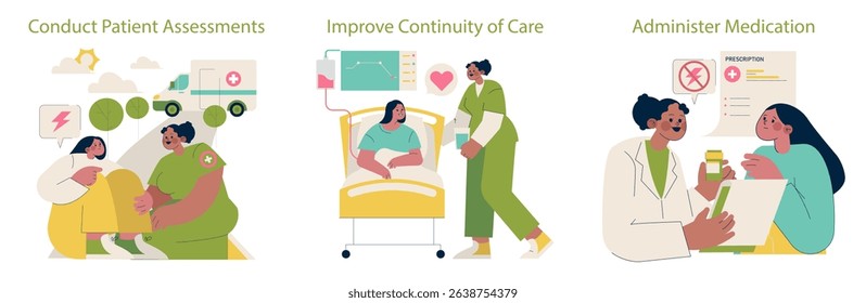 Vector illustration of healthcare workers conducting patient assessments, improving continuity of care, and administering medication, depicting collaborative patient care.