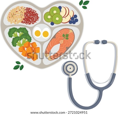 Vector illustration of healthy balanced nutrition concept featuring a heart shaped plate filled with nutritious food and a stethoscope. Represents healthy eating, diet, wellness, healthcare, and nutrition awareness. Suitable for medical, health, nutrition campaigns, education, and lifestyle content