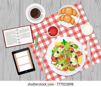 Vector illustration of healthy breakfast or business lunch on the table. Coffee break. Ccoffee, salad, toasts and croissants. Vector flat illustration.
