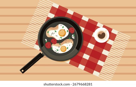 Ilustración vectorial de un desayuno saludable con huevos fritos en una sartén y una taza de café fresco. El desayuno se sirve en una mesa con un mantel.