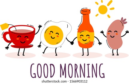 Imagen vectorial de un amigo saludable del desayuno sobre fondo blanco. Té feliz, ketchup, huevo frito, personaje de salchicha parado juntos. Diseño de estilo de arte de línea para web, sitio, banner, afiche