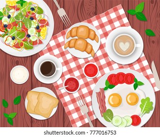 Vector illustration of healthy breakfast on the table. Fried eggs, coffee, salad, toasts and croissants. Vector flat illustration.