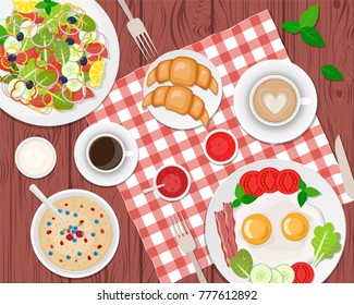 Vector illustration of healthy breakfast on the table. Fried eggs, coffee, salad, toasts and croissants. Vector flat illustration.
