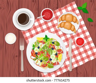 Vector illustration of healthy breakfast on the table.Ccoffee, salad  and croissants. Vector flat illustration.