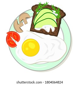 Vector illustration of a healthy breakfast. Breakfast with toasted avocado and fried eggs.