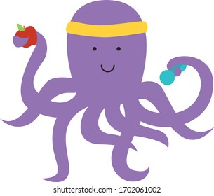 Una ilustración vectorial de un pulpo sano y lindo aislado con peso de mano, manzana y banda de cabeza de ejercicio
