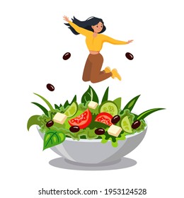 Vector illustration of healthy eating. The girl in the jump. Vector cartoon character. The concept of a healthy lifestyle. Vegan lifestyle with vegetables and a balanced diet.