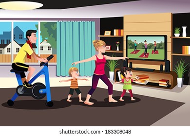 A vector illustration of healthy family exercising together indoor at home
