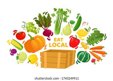 Vector illustration of healthy food in basket. Cartoon different vegetables and fruits isolated on white, eat local products