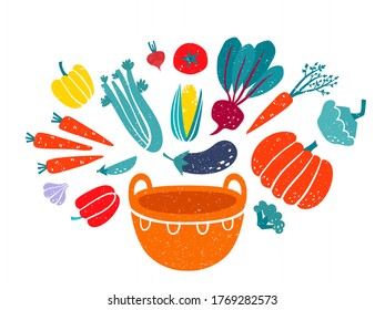 Vector illustration of healthy food in basket. Cartoon different stylized bright vegetable set in print flat style isolated on white, eat local organic products.