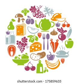 Vector illustration of healthy food concept. Circle shape with organic food icons: vegetables, fruits, fish, tea, coffee, cheese, olive oil, dairy