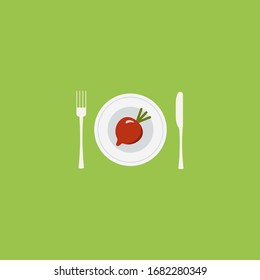 Vector illustration Healthy food design. Raw beetroot on plate with knife and fork. Healthy food diet icon.