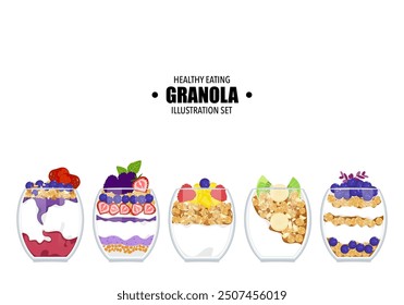 Ilustración vectorial de alimentos saludables, frutas Bayas con yogur y granola Delicioso postre cremoso en capas en icono de vidrio aislado sobre fondo. Nueces, granos, avena y bayas en Vector de vidrio.
