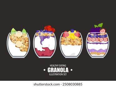 Vector illustration of healthy food, fruit Berries with yogurt and granola Delicious layered cream dessert in glass icon isolated on background. Nuts, grains, oatmeal, and berries in glass vector.
