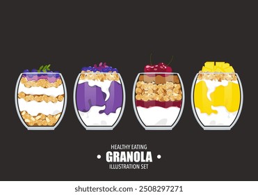 Vector illustration of healthy food, fruit Berries with yogurt and granola Delicious layered cream dessert in glass icon isolated on background. Nuts, grains, oatmeal, and berries in glass vector.
