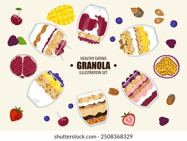 Vector illustration of healthy food, fruit with yogurt and granola. Delicious layered cream dessert in glass icon isolated on white background, nuts, cereals, oatmeal, and berries in glass vector.